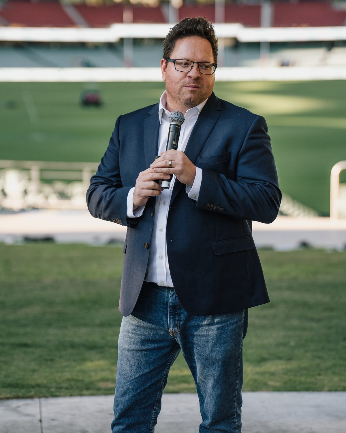 Tom Nehmy speaking at Adelaide Oval