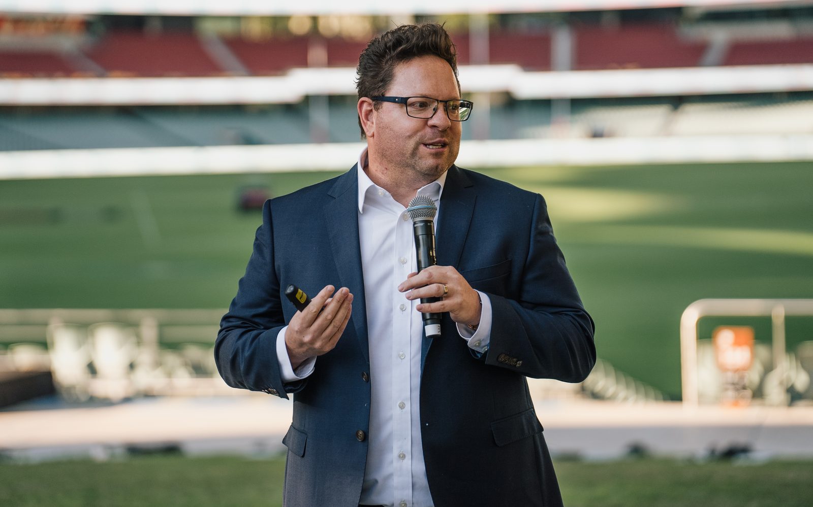 Tom Nehmy speaking at Adelaide Oval
